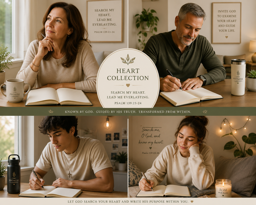 People sitting to take notes in a journal, daily devotional, or written prayers with a focus on 'Heart Collection' theme and motivational quotes.