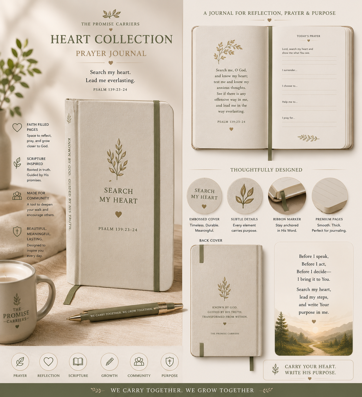 Heart Collection Prayer Journal with design details and branding on a light background
