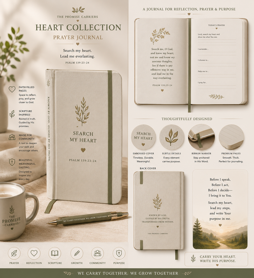 Heart Collection Prayer Journal with design details and branding on a light background