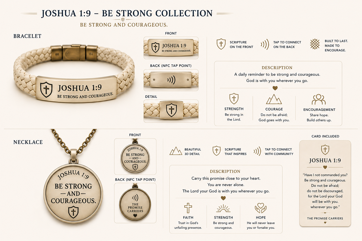 Bracelet and necklace with 'Joshua 1:9' engraving on a white background