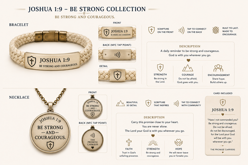 Bracelet and necklace with 'Joshua 1:9' engraving on a white background