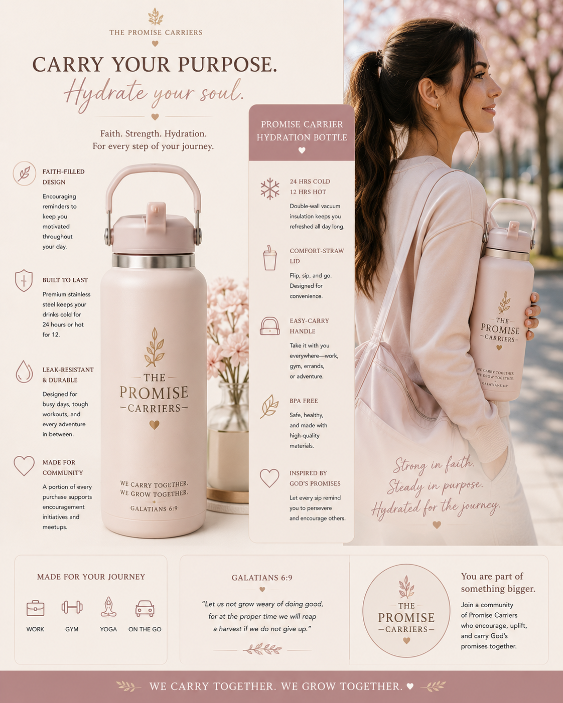 Promotional image of 'The Promise Carriers' hydration bottle with a woman holding it outdoors.