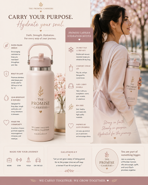 Promotional image of 'The Promise Carriers' hydration bottle with a woman holding it outdoors.